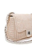 Women's Beige Straw Crossbody Bag with Pearls | Derimod