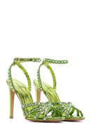 Kadın Yeşil Deri Bilekten Bağlamalı Taşlı Topuklu Sandalet | Derimod