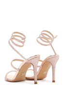 Kadın Pembe Altın Deri Taşlı İnce Topuklu Sandalet | Derimod