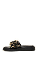 Women's Black Leather Braided Slippers | Derimod