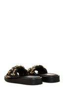 Women's Black Leather Braided Slippers | Derimod