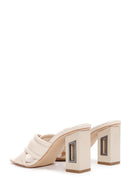 Women's Beige Leather Heeled Slippers | Derimod