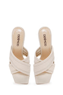 Women's Beige Leather Heeled Slippers | Derimod