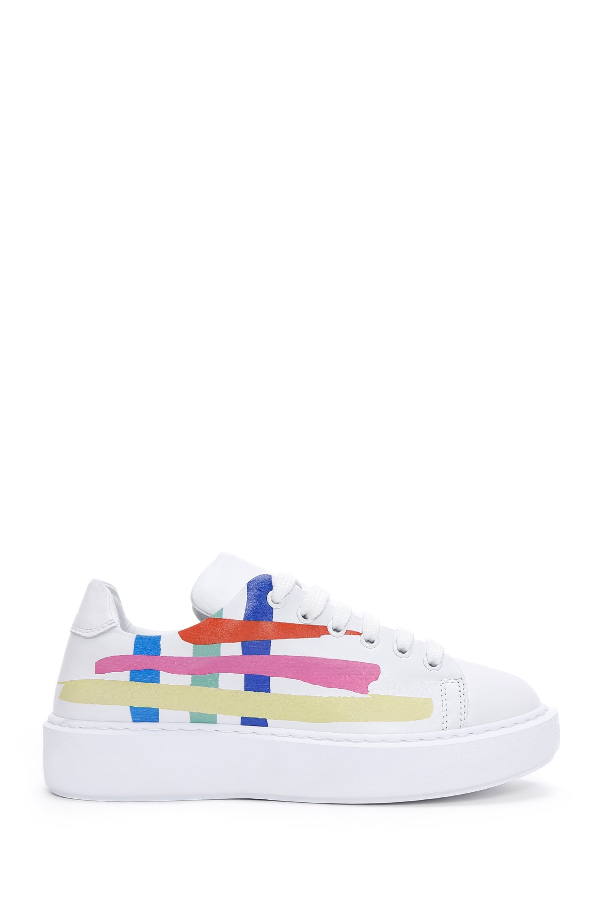 Women's White Multicolor Leather Thick Sole Sneaker 23SFD131218 | Derimod