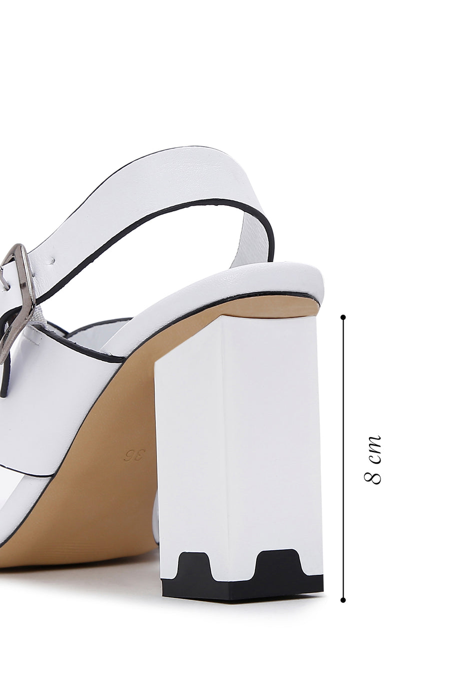 Women's White Leather Thick Heeled Sandals