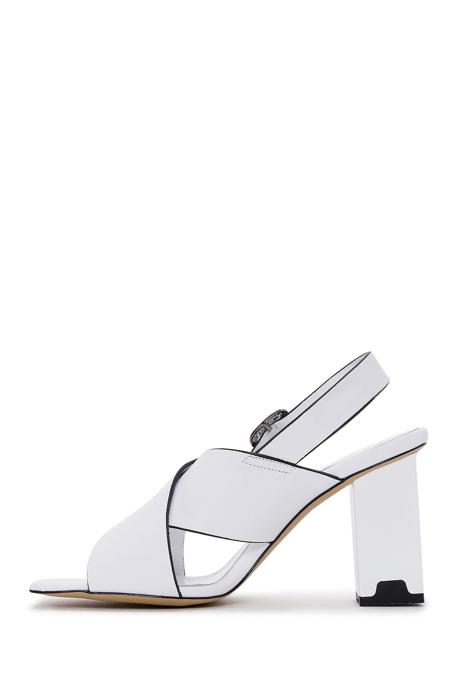 Women's White Leather Thick Heeled Sandals