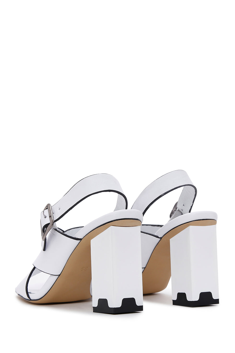 Women's White Leather Thick Heeled Sandals