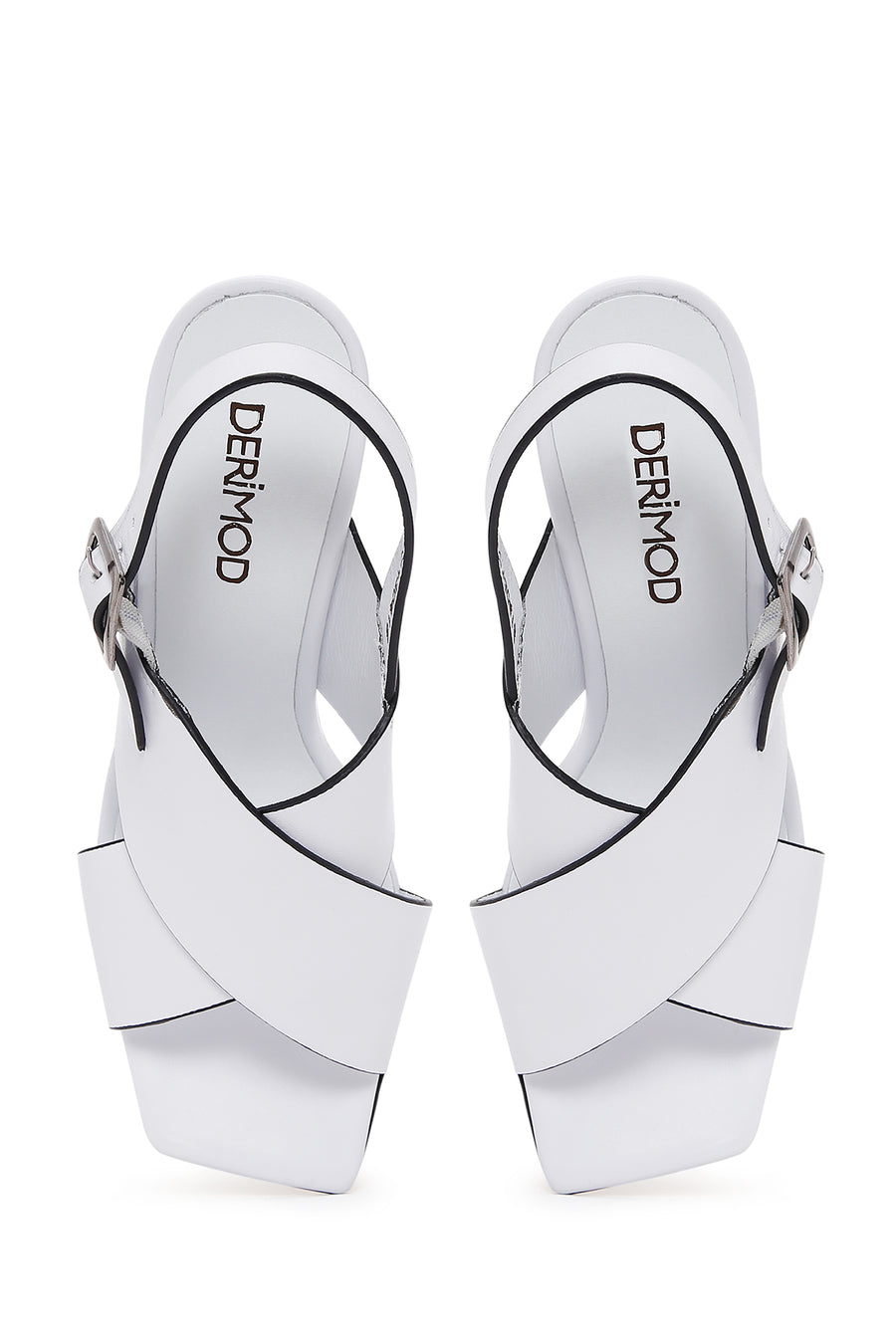 Women's White Leather Thick Heeled Sandals