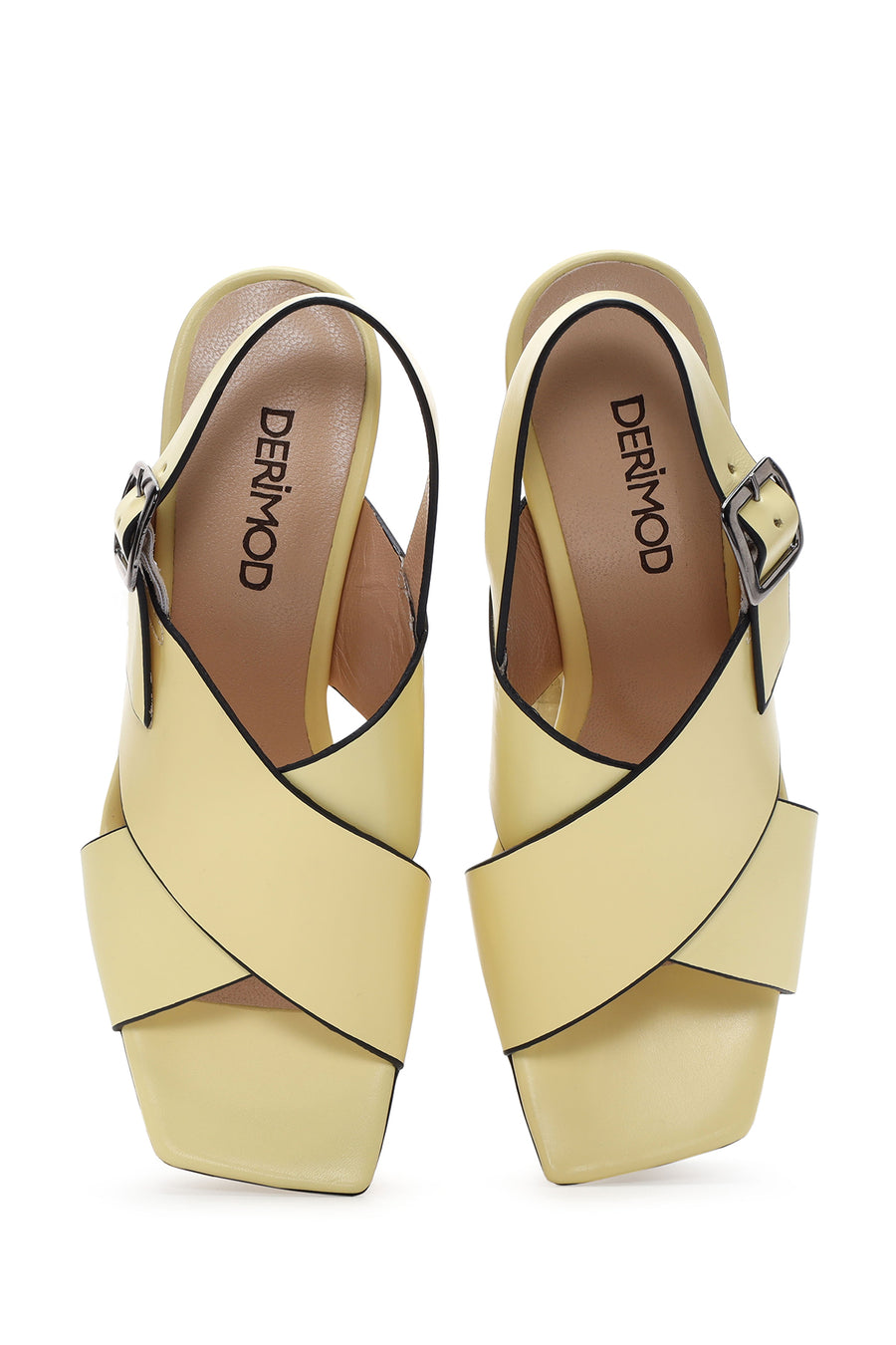 Women's Yellow Leather Thick Heeled Sandals