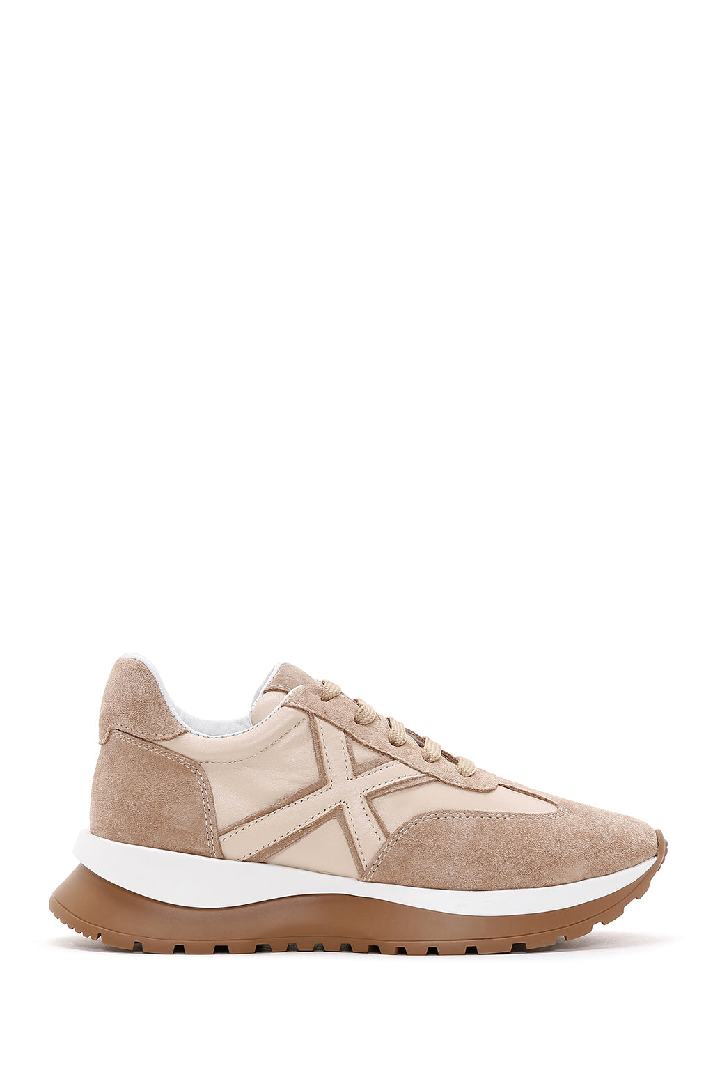 Kadın Bej Süet Detaylı Deri Sneaker