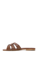 Women's Tan Leather Flat Slippers | Derimod