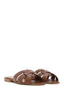 Women's Tan Leather Flat Slippers | Derimod