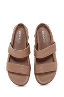 Women's Beige Leather Flat Sandals | Derimod