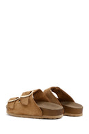 Women's Tan Suede Leather Double Buckle Flat Slippers | Derimod