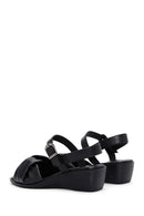 Women's Black Leather Wedge Heel Comfort Sandals | Derimod