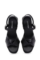 Women's Black Leather Wedge Heel Comfort Sandals | Derimod