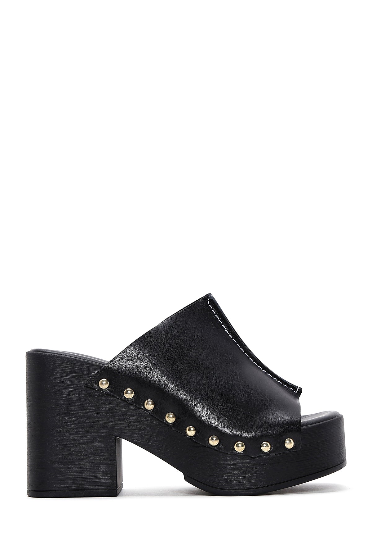 Women's Black Leather Thick Heeled Platform Slippers 23SFD152118 | Derimod