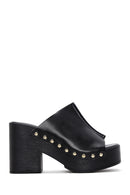 Women's Black Leather Thick Heeled Platform Slippers | Derimod