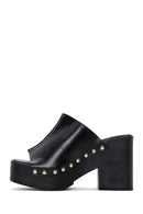 Women's Black Leather Thick Heeled Platform Slippers | Derimod