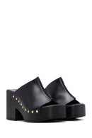 Women's Black Leather Thick Heeled Platform Slippers | Derimod