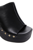 Women's Black Leather Thick Heeled Platform Slippers | Derimod