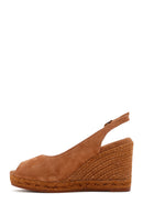 Women's Tan Suede Leather Wedge Heel Espadrille | Derimod