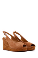 Women's Tan Suede Leather Wedge Heel Espadrille | Derimod