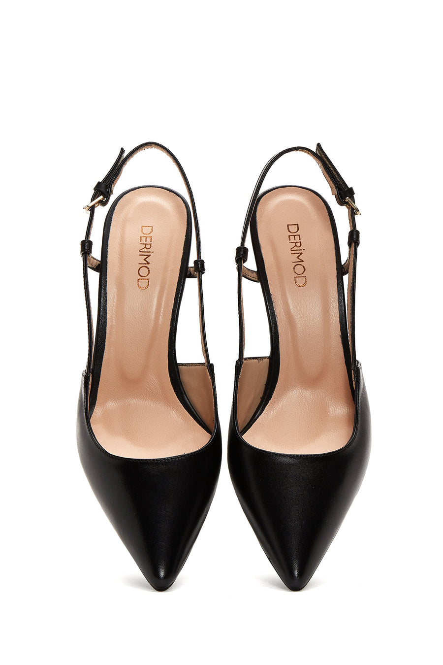 Women's Black Leather Heeled Slingback Shoes