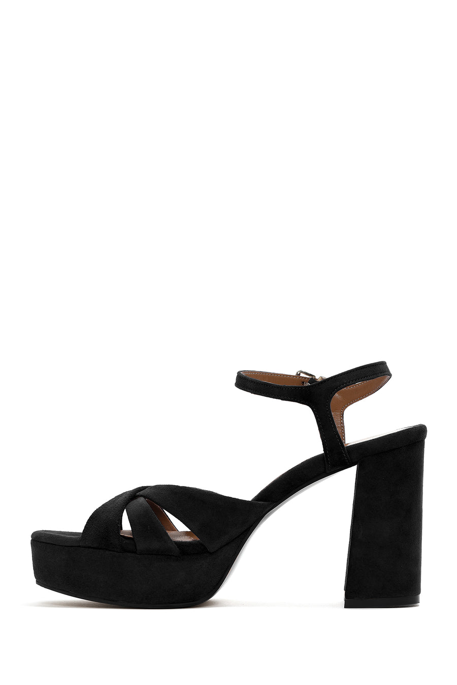 Women's Black Suede Leather Thick Heeled Platform Sandals