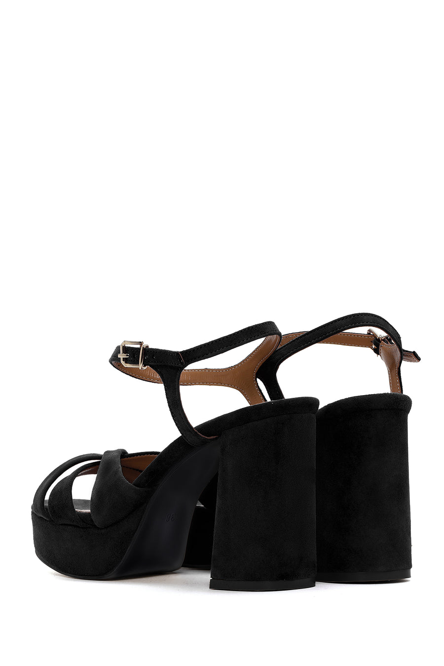 Women's Black Suede Leather Thick Heeled Platform Sandals