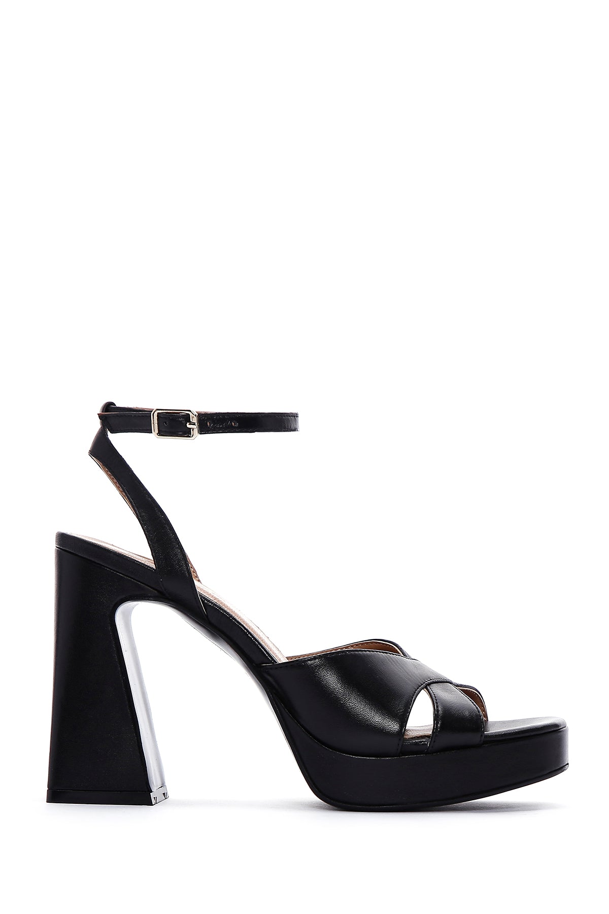 Women's Black Leather Platform Thick Heeled Sandals 23SFD161218 | Derimod