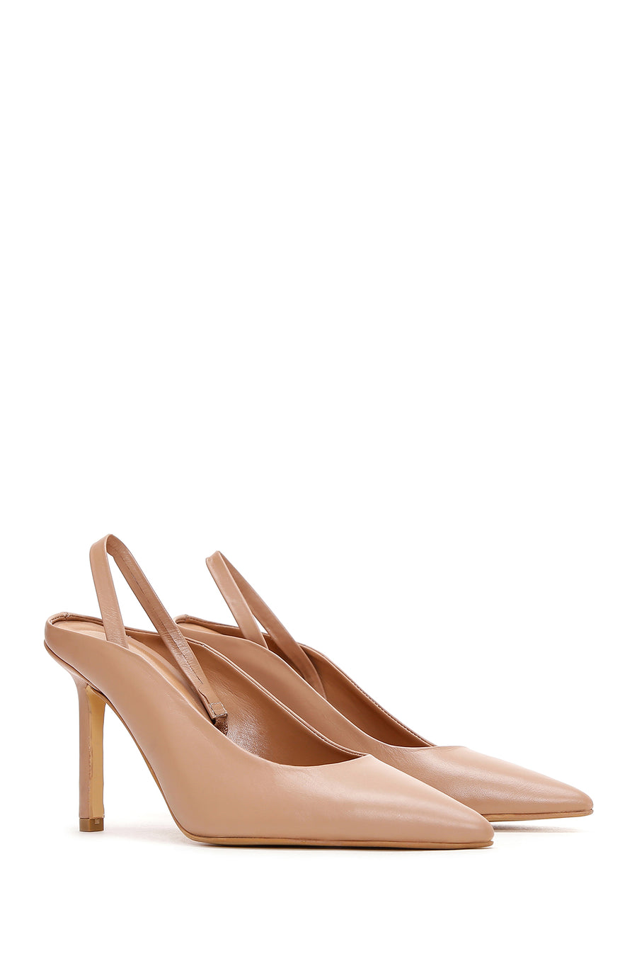 Women's Beige Leather Heeled Slingback Shoes