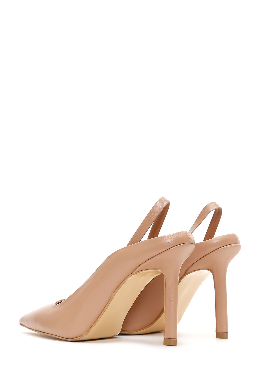 Women's Beige Leather Heeled Slingback Shoes