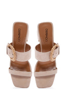 Kadın Bej Süet Deri Tokalı Kalın Topuklu Terlik | Derimod