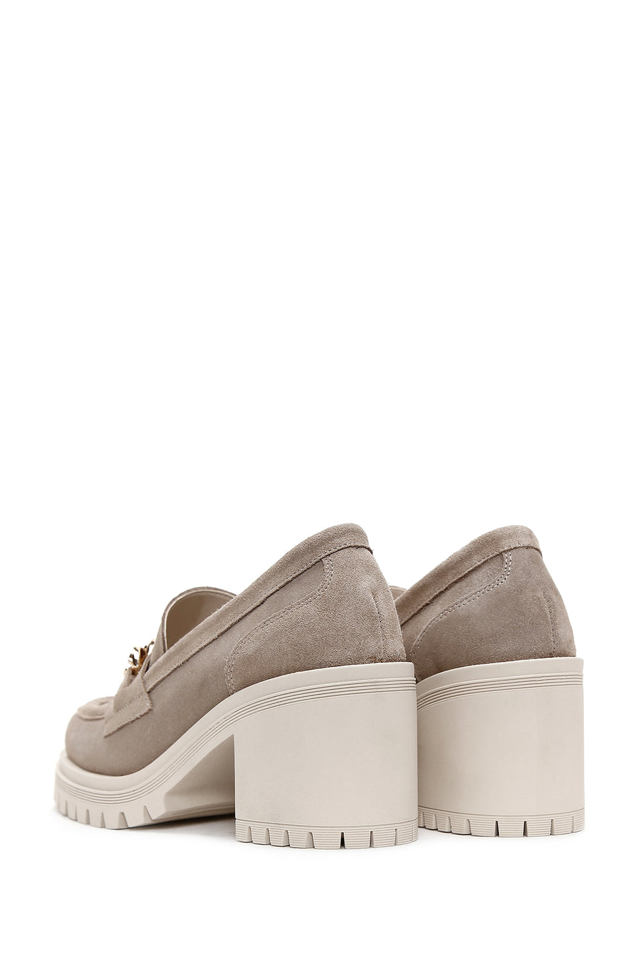 Women's Beige Suede Leather Heeled Loafer