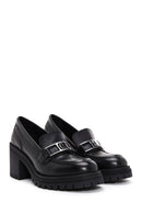 Women's Black Leather Heeled Loafer | Derimod