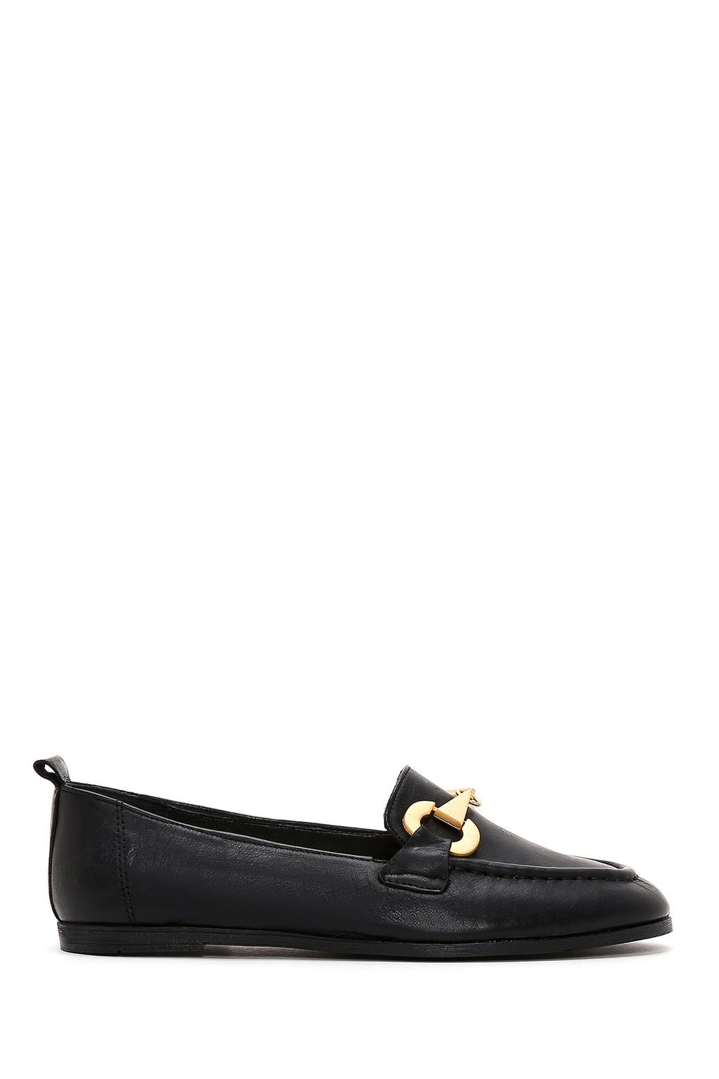 Kadın Siyah Deri Tokalı Klasik Loafer