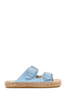 Women's Blue Suede Leather Straw Sole Slippers | Derimod