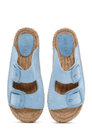 Women's Blue Suede Leather Straw Sole Slippers | Derimod