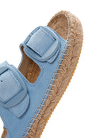Women's Blue Suede Leather Straw Sole Slippers | Derimod