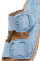 Women's Blue Suede Leather Straw Sole Slippers | Derimod
