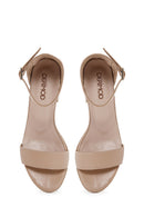 Women's Beige Leather Thick Heeled Sandals | Derimod