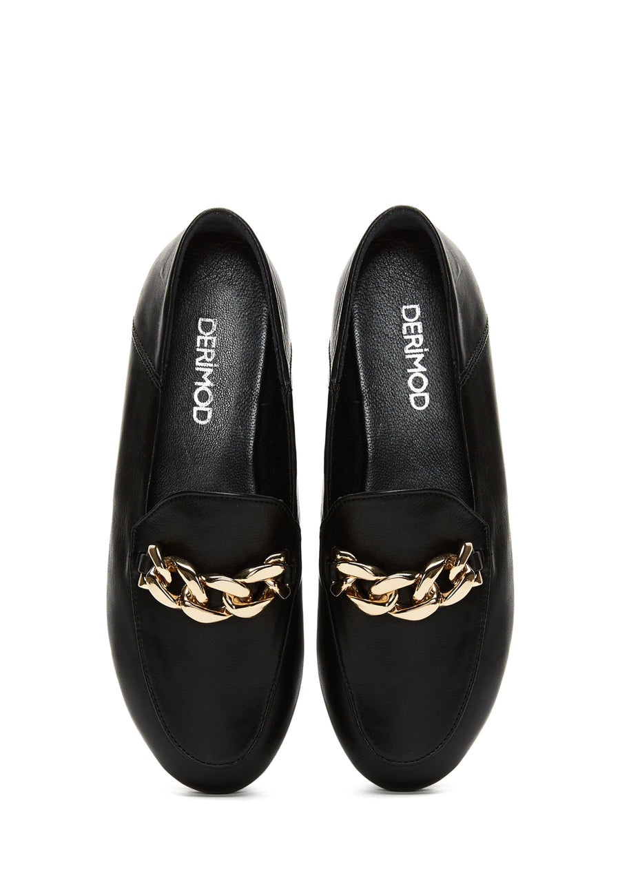 Kadın Siyah Deri Tokalı Klasik Loafer