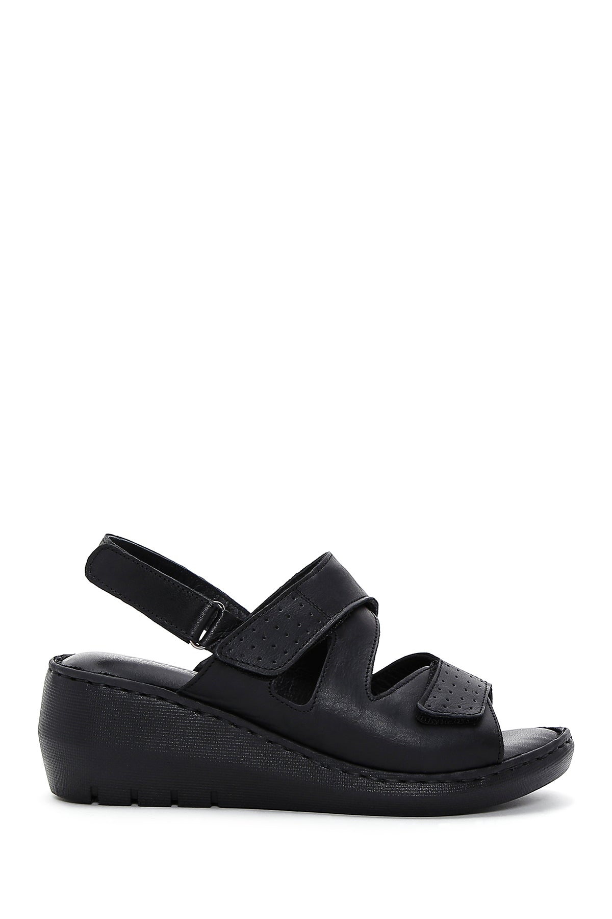 Women's Black Leather Wedge Heel Comfort Sandals 23SFD320118 | Derimod