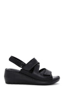 Women's Black Leather Wedge Heel Comfort Sandals | Derimod
