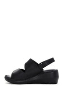 Women's Black Leather Wedge Heel Comfort Sandals | Derimod