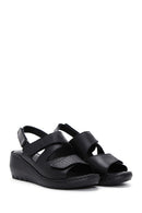 Women's Black Leather Wedge Heel Comfort Sandals | Derimod