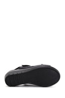 Women's Black Leather Wedge Heel Comfort Sandals | Derimod