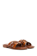 Women's Tan Leather Flat Slippers | Derimod