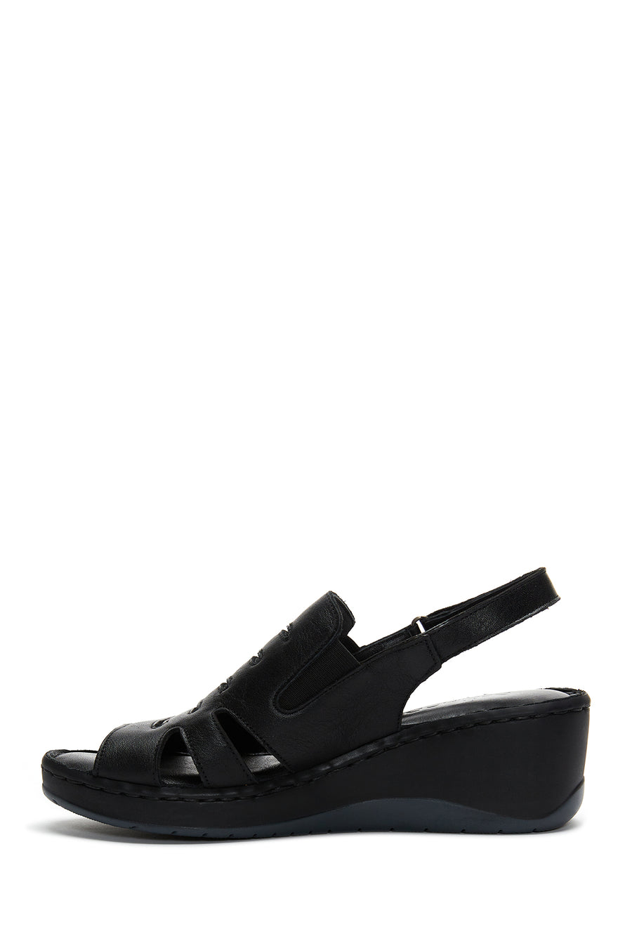 Women's Black Leather Wedge Heel Comfort Sandals